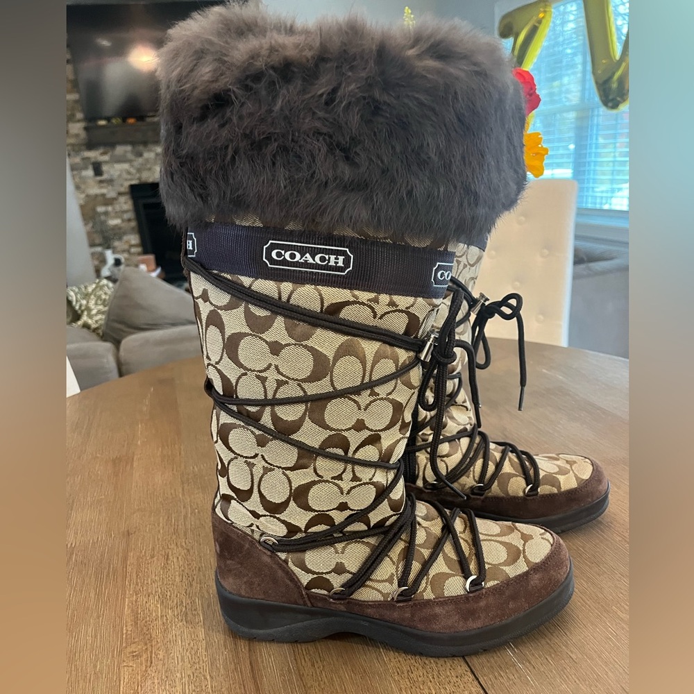 Coach Brown Signature Pattern Boots with Suede & Fur Trim